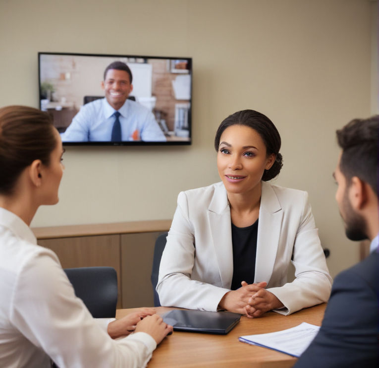 A female Human Resources officer interviewing a male applicant in an office with a wall-mounted TV on the background.