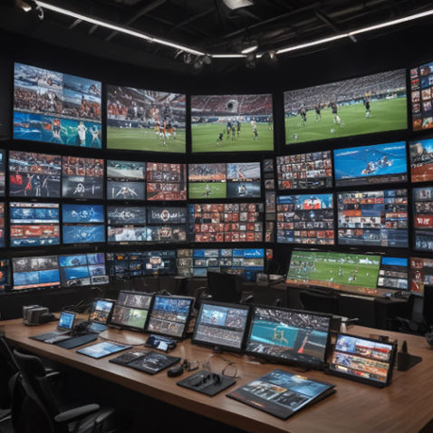 A modern studio with diverse broadcasters analyzing soccer highlights, surrounded by digital graphics and screens.