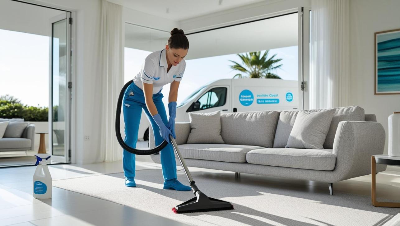 Professional lounge cleaner vacuuming a modern sofa in a sunny coastal living room.