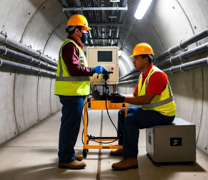 Technicians inspecting underground pipes using robotic cameras