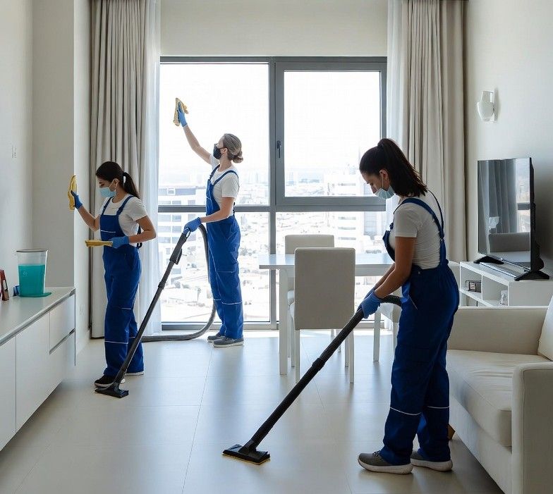 team of professional cleaners working inside a modern apartment in Jeddah