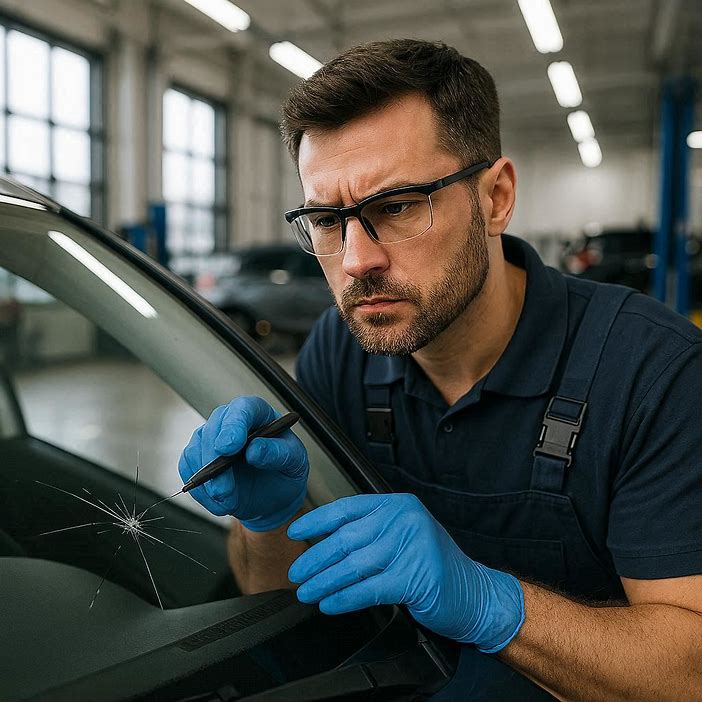 Auto technician inspecting a cracked windshield in a modern repair shop