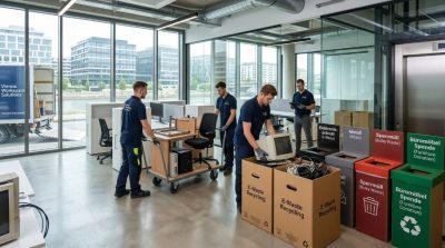 Professional corporate office cleanup in Vienna, modern business environment, workers removing old office furniture and obsolete equipment, organized workspace transformation